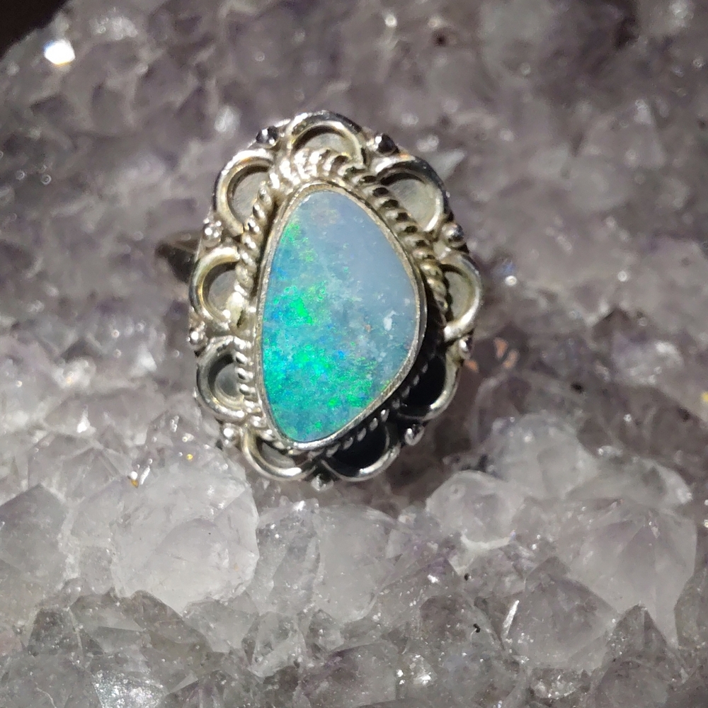 Dainty Australian Opal Sterling Silver Ring Size 6.25